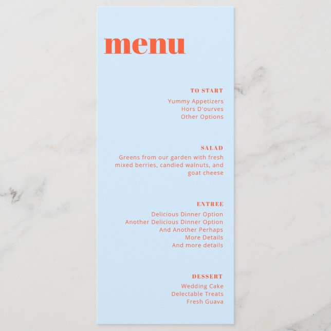 Modern Blue Orange Bold Wedding Tall Template Menu (Front)