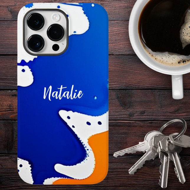 Modern Blue & Orange Paint Splatter Monogram iPhone Case (Creator Uploaded)