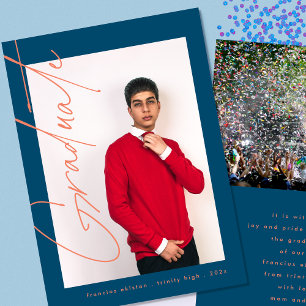 Modern Blue Orange Photo High School Graduation Announcement