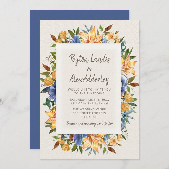Modern Blue Orange Tan Floral Wedding Invitation (Front/Back)