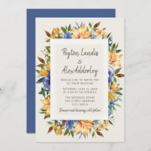 Modern Blue Orange Tan Floral Wedding Invitation
