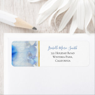 Modern Blue Orchid Floral Gold Border Wedding Return Address Label