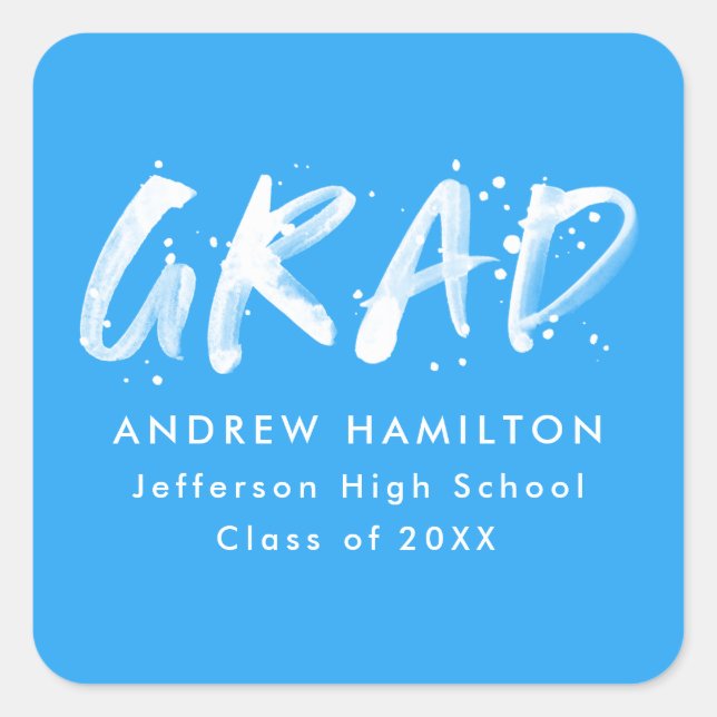 Modern Blue Paint Splatter Graduation Square Sticker (Front)