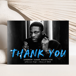 Modern Blue Paint Splatter Photo Graduation Thank You Card