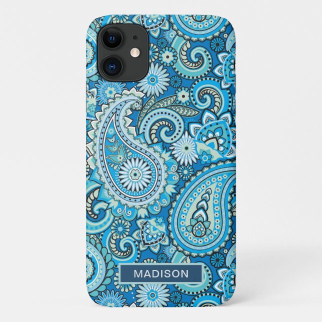 Modern Blue Paisley Pattern Personalised Name Case-Mate iPhone Case (Back)