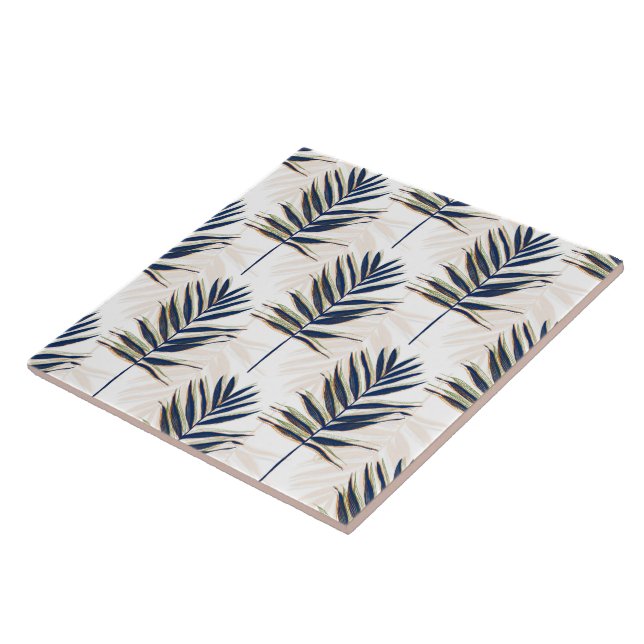 Modern Blue Palm Leaves Gold Strokes White Design Ceramic Tile (Side)