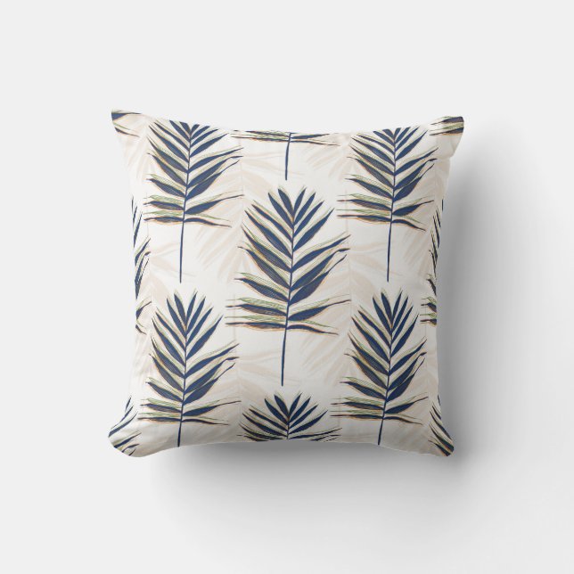Modern Blue Palm Leaves Gold Strokes White Design Cushion (Front)