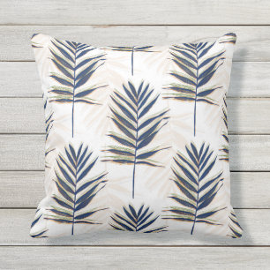 Modern Blue Palm Leaves Gold Strokes White Design Cushion