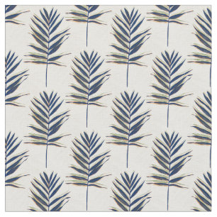 Modern Blue Palm Leaves Gold Strokes White Design Fabric
