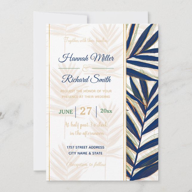 Modern Blue Palm Leaves Gold Strokes White Design Invitation (Front)