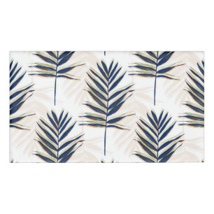 Modern Blue Palm Leaves Gold Strokes White Design Name Tag