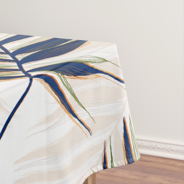 Modern Blue Palm Leaves Gold Strokes White Design Tablecloth (In Situ)