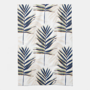 Modern Blue Palm Leaves Gold Strokes White Design Tea Towel