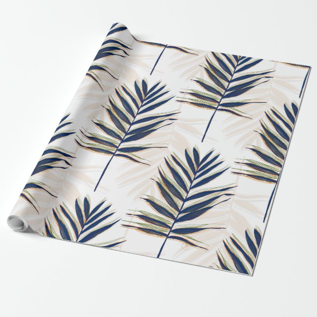 Modern Blue Palm Leaves Gold Strokes White Design Wrapping Paper (Unrolled)