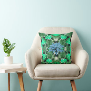 Modern Blue Palm Leaves Tropical Jungle Pattern Cushion