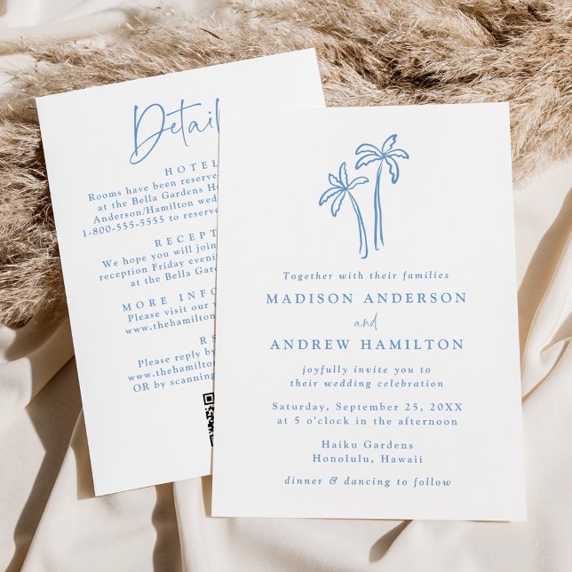 Modern Blue Palm Trees QR Code All in One Wedding Invitation (Creator Uploaded)