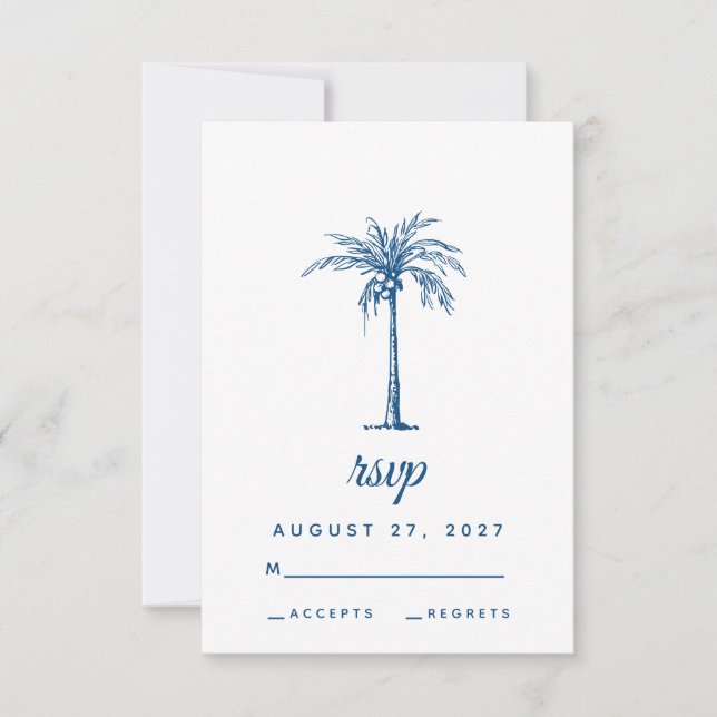 Modern Blue Palm Tropical Beach Wedding RSVP Card (Front)