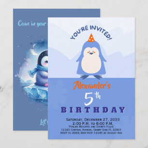 Modern Blue Party Animals Penguin Watercolor Invitation