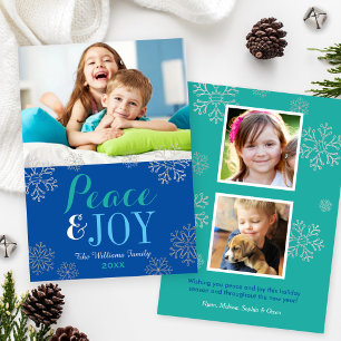 Modern Blue Peace and Joy Snowflake Photo Holiday Card
