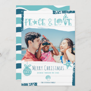 Modern blue peace love beach Christmas photo  Holiday Card