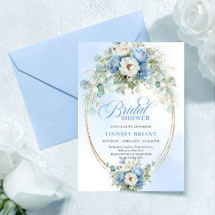 Modern Blue Peonies Greenery Bridal Shower Invite