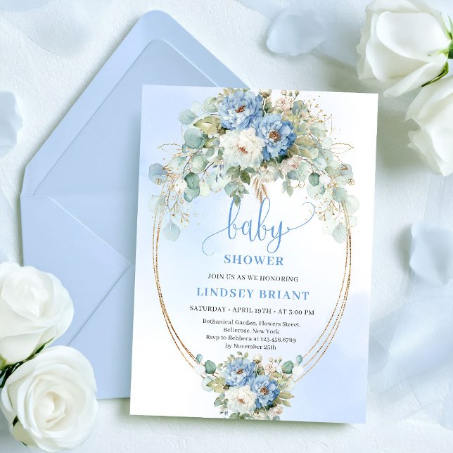 Modern Blue Peony Gold Frame Baby Shower Invite (Modern Blue Peony Gold Frame Baby Shower Invite

)
