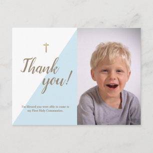 Modern blue Photo 1st Holy Communion Thank You Postcard