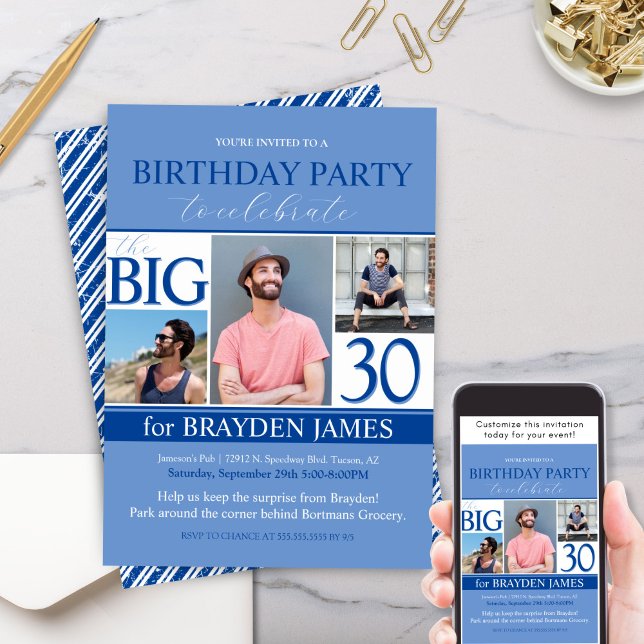 Modern Blue Photo Collage 30th Birthday Invitation (Modern Simple Blue Photo Collage Birthday Party invitation for 30th or any birthday September blue)