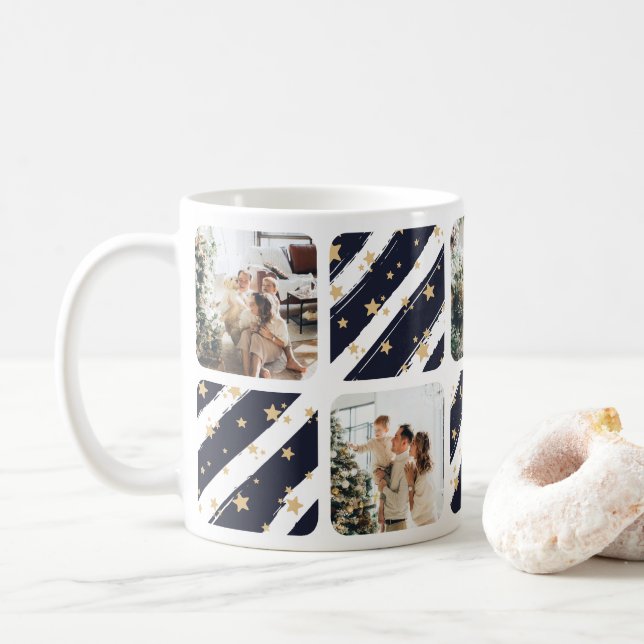 Modern Blue Photo Collage Christmas Holiday Coffee Mug (With Donut)