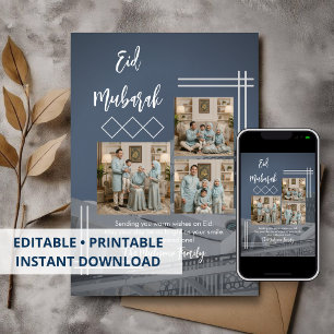 Modern Blue Photo Collage Eid Mubarak Card