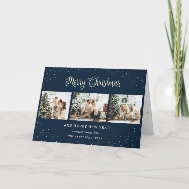 Modern Blue Photo Collage Merry Christmas Cards (Front)