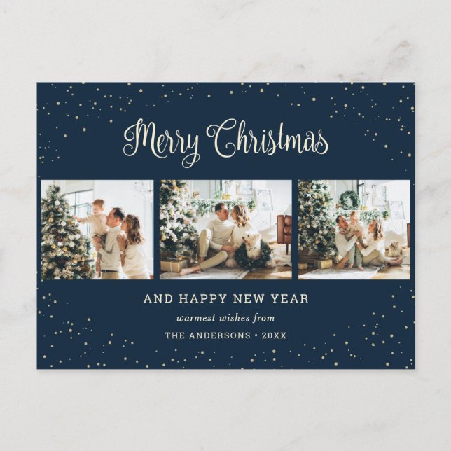 Modern Blue Photo Collage Merry Christmas Holiday Postcard (Front)