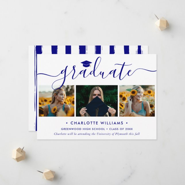 Modern Blue Photo Collage Script Graduation Announcement (Front/Back In Situ)