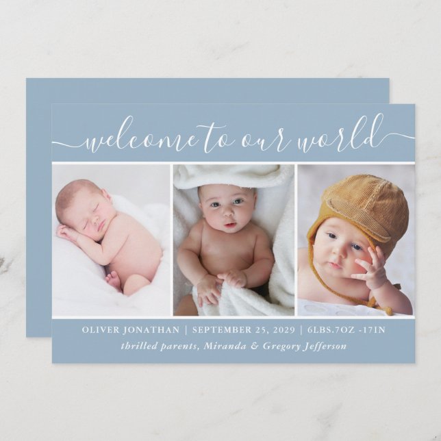 Modern Blue Photo Collage Welcome Baby Boy Birth Announcement (Front/Back)