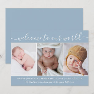 Modern Blue Photo Collage Welcome Baby Boy Birth Announcement