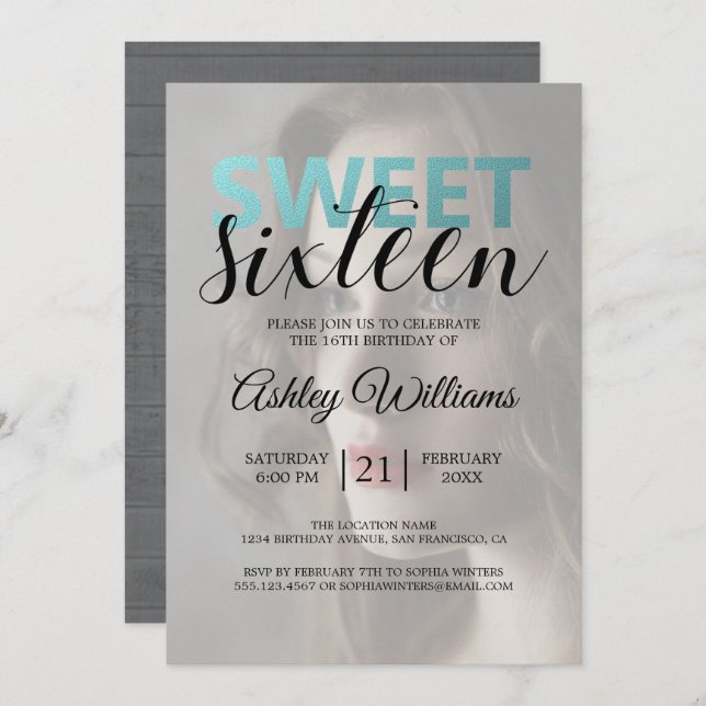 Modern Blue Photo Script Sweet Sixteen Invitation (Front/Back)