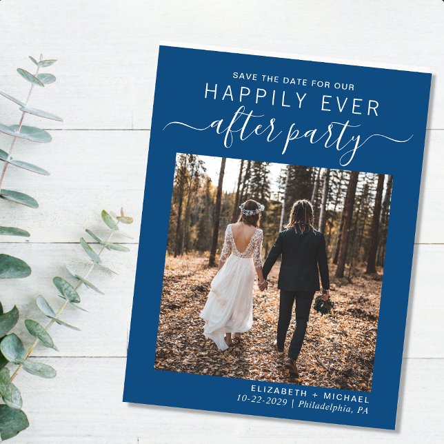Modern Blue Photo Wedding Reception Save The Date Announcement Postcard (A stylish save the date announcement for a reception to celebrate your elopement or private wedding)