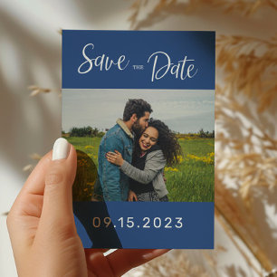 Modern Blue Photo Wedding Save The Date Postcard