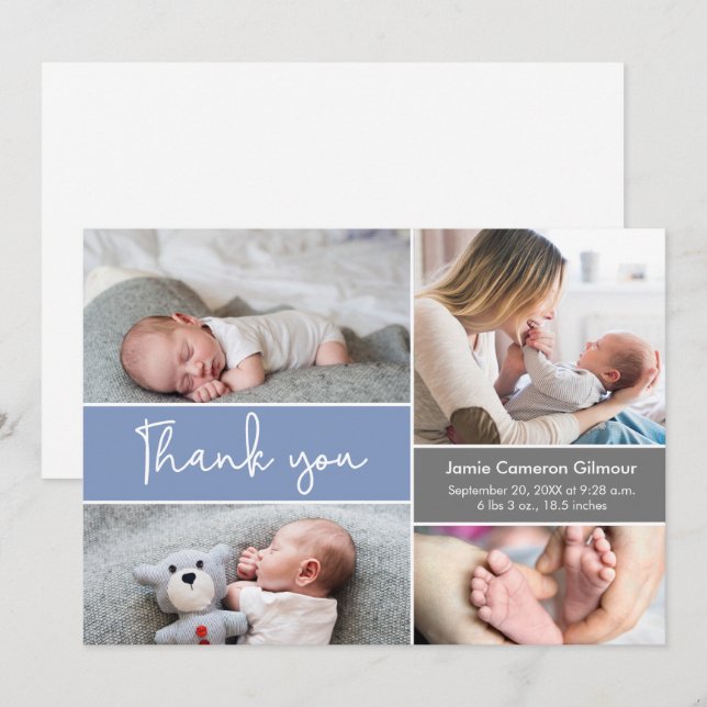 Modern blue Photos Baby Shower Thank you Card (Front/Back)