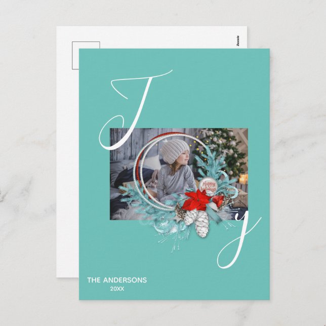 Modern Blue Pine Wreath Joy Photo Holiday Card  (Front/Back)