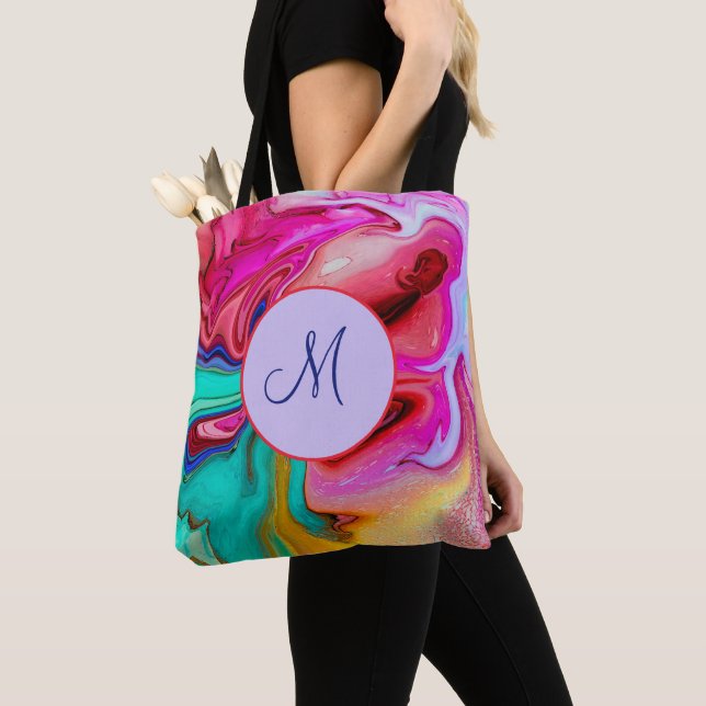 Modern Blue Pink Abstract Watercolor Monogram Tote Bag (Close Up)
