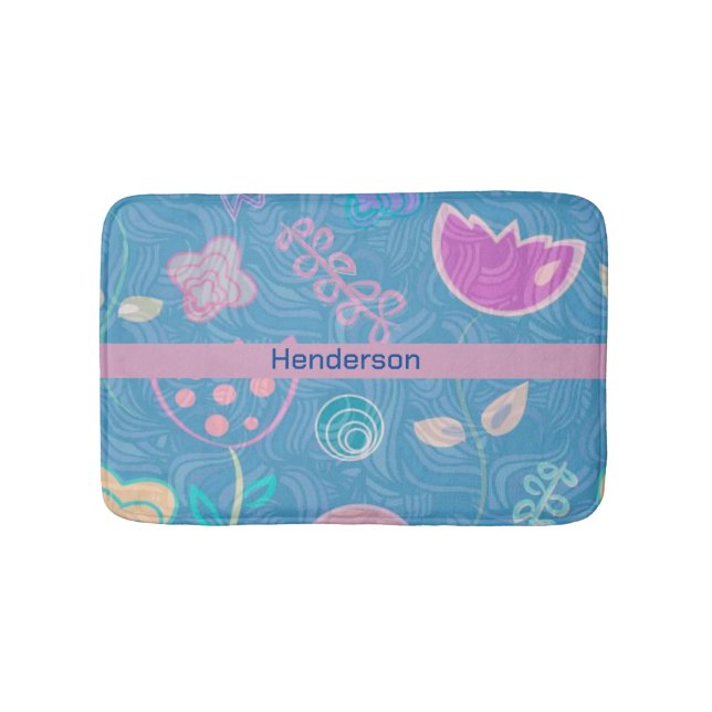 Modern Blue Pink and Purple Floral Tulip Bath Mat (Front)