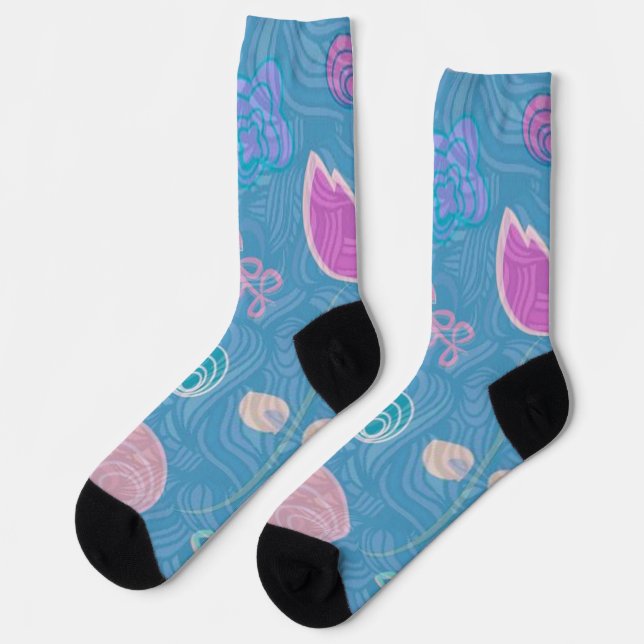 Modern Blue Pink and Purple Floral Tulip Socks (Left)