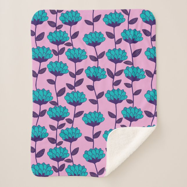 Modern Blue Pink flowers pattern  Sherpa Blanket (Front)
