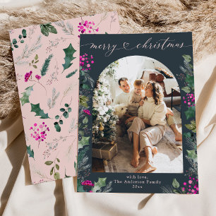 Modern Blue Pink Foliage 1 Photo Christmas Card