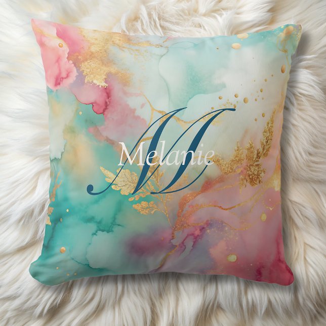 modern blue pink gold watercolor monogram  cushion (Creator Uploaded)