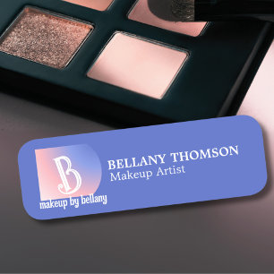 Modern Blue Pink Gradient Monogram Makeup Artist Name Tag