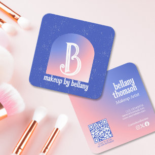 Modern Blue Pink Gradient Monogram Makeup Artist Square Business Card