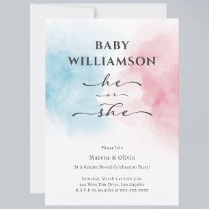 Modern Blue Pink He She Gender Reveal Party Invitation
