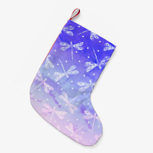 Modern blue pink ombre dragonflies watercolor small christmas stocking